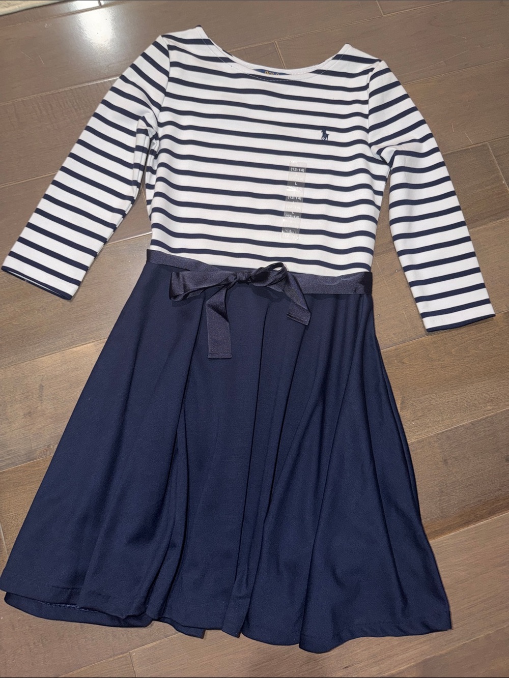 Girls Ralph Lauren Navy and White Striped Dress with Waist Bow
